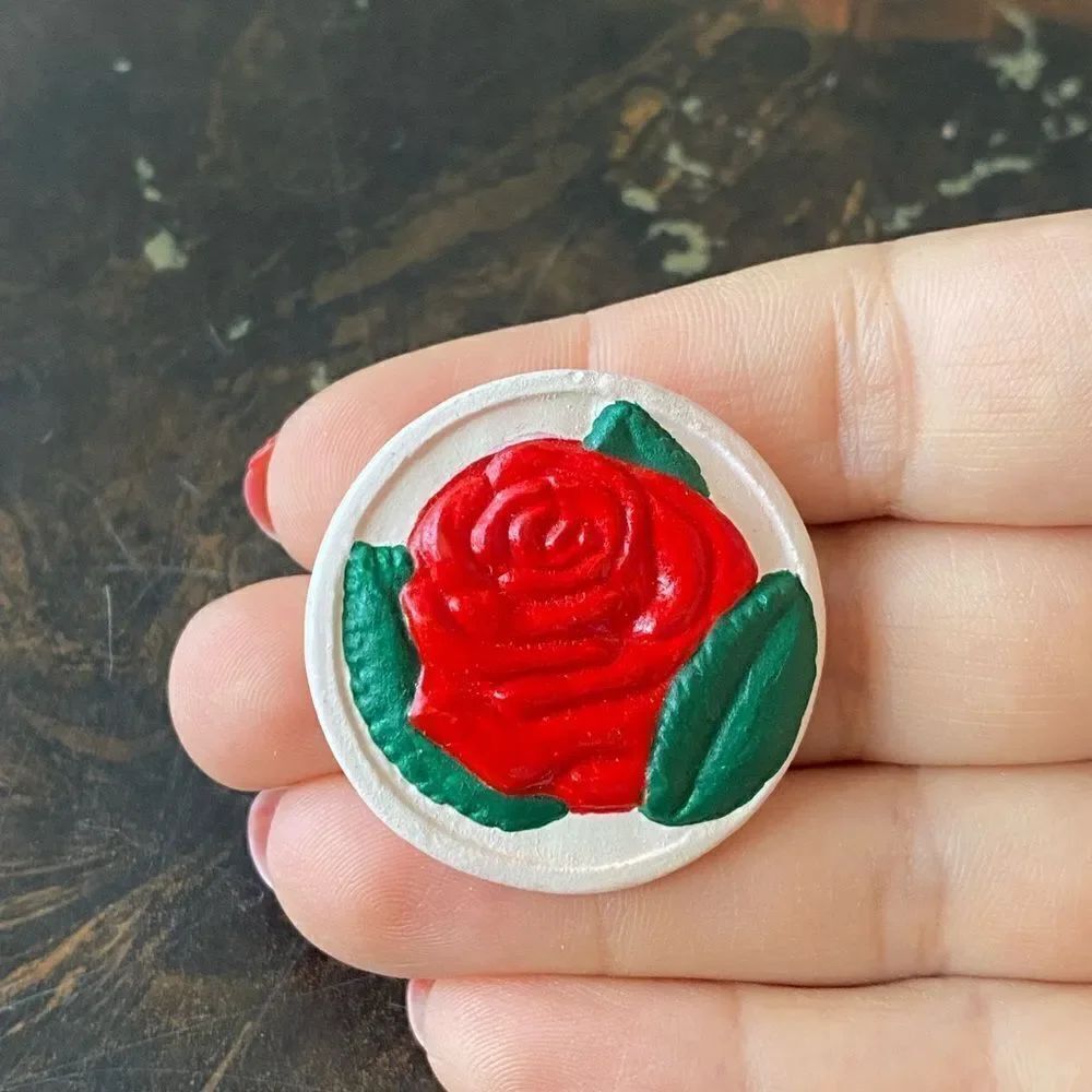 Vintage Clay Red Rose Brooch Pin Handmade Floral Romantic Cottagecore Jewelry